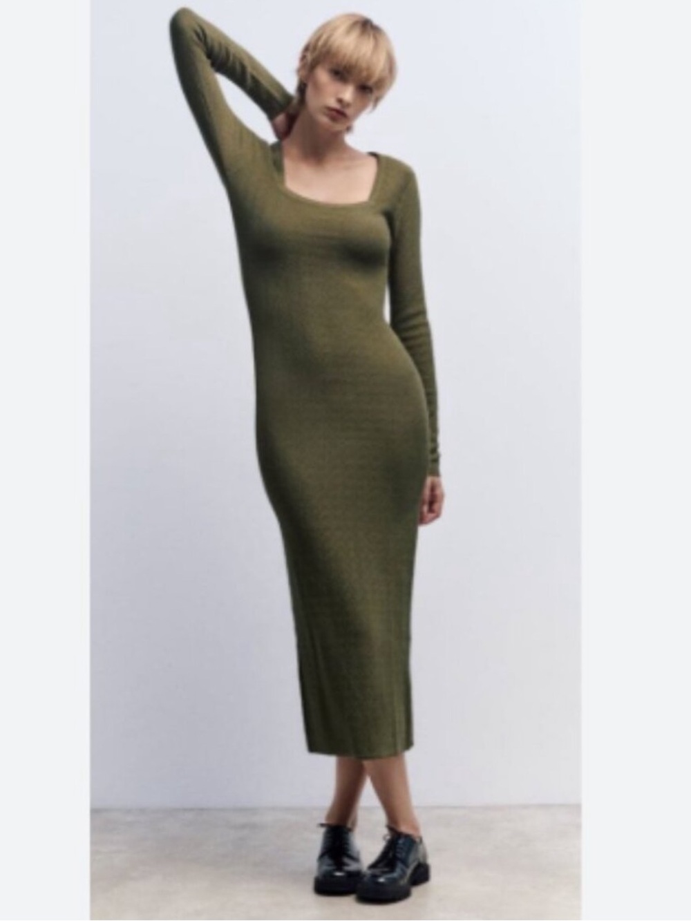 Zara Olive Ribbed Bodycon Square Neck Long Sleeve Maxi Dress